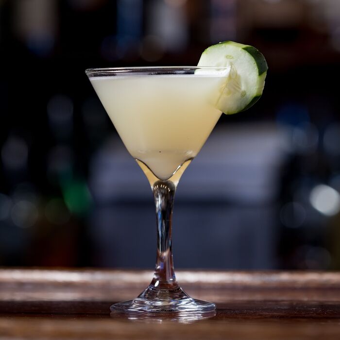 The Cucumber martini with cucumber garnish at Duvic's